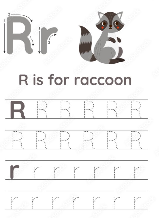 Tracing alphabet letters for kids. Animal alphabet. R is for raccoon.